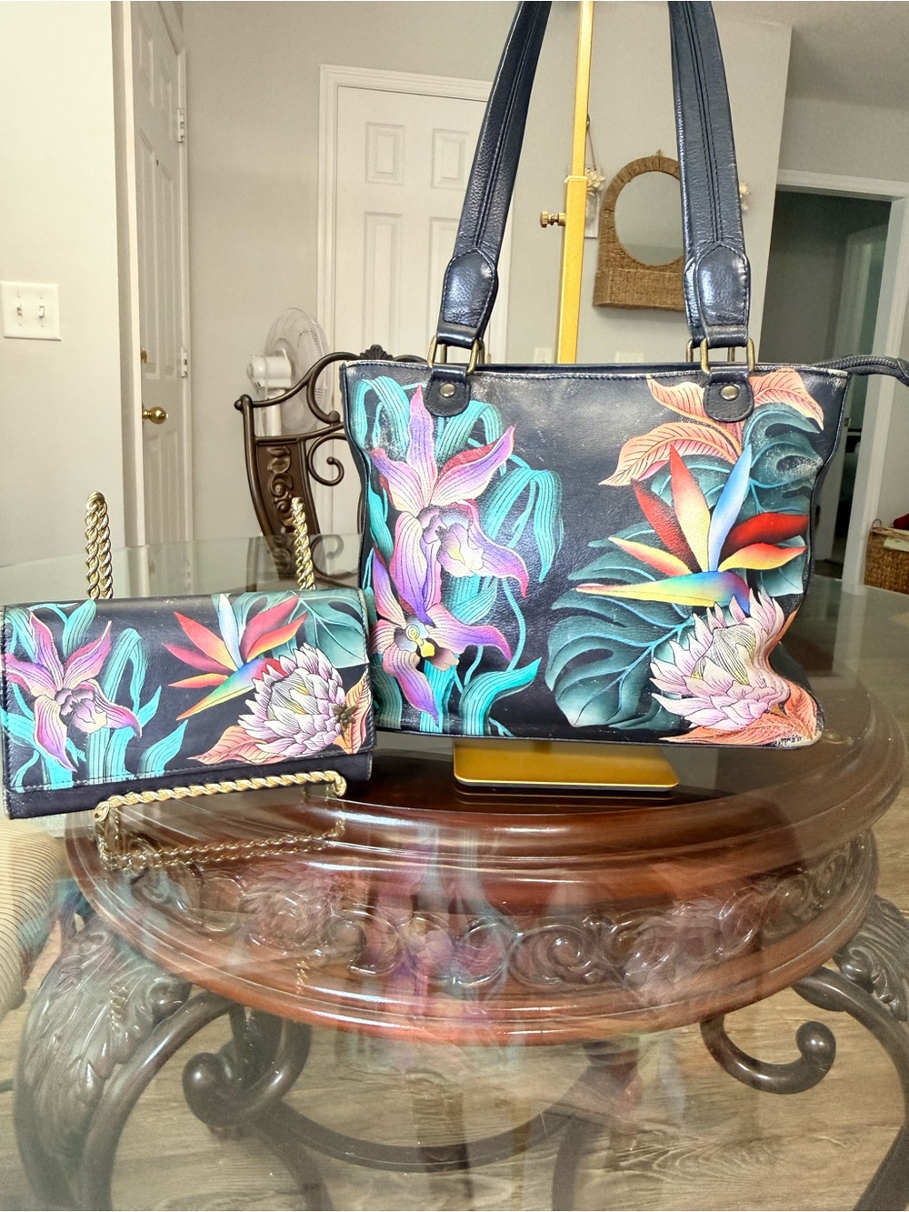 Anuschka Black Tote with Vibrant Tropical Floral Paint and matching wallet - Picture 3 of 12